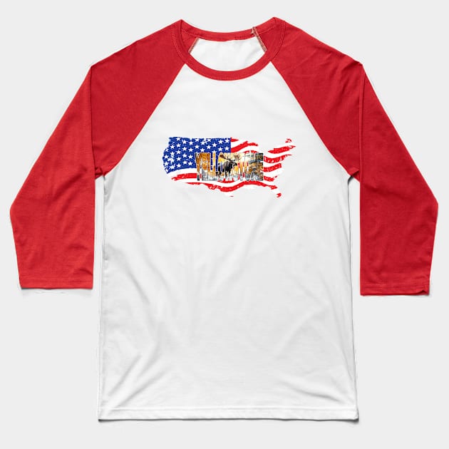 YELLOWSTONE - Moose Wyoming USA Flag Baseball T-Shirt by TouristMerch